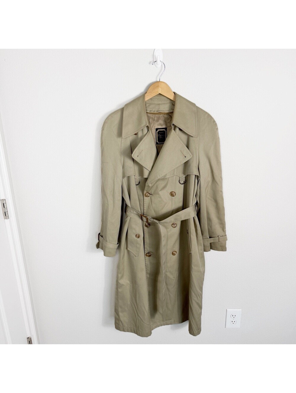 Vintage 80's Christian Dior Trench Coat Men’s 38R Beige Khaki Belted Wool